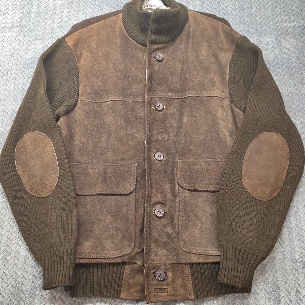 Vintage Landmark Cowhide Leather Knit Jacket Mens Large Brown Elbow Patches